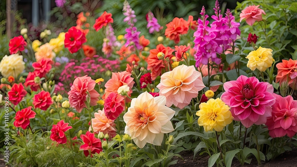 Colorful dahlias and gladiolus blooming in a neat flower bed in peak summer Colorful dahlias and gladiolus blooming in a neat flower bed in peak summer