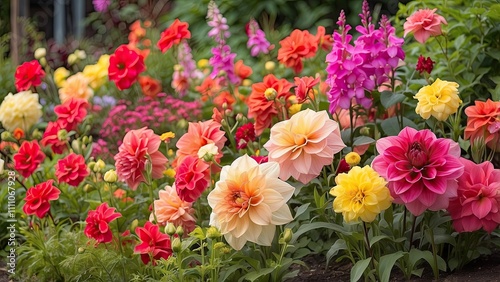 Wallpaper Mural Colorful dahlias and gladiolus blooming in a neat flower bed in peak summer Torontodigital.ca