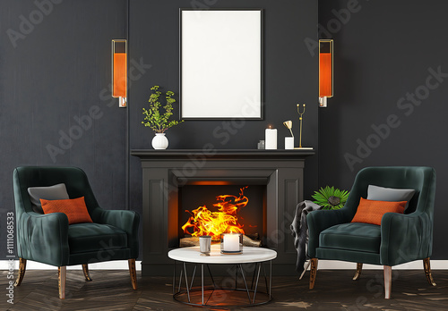 Stylish seating area featuring dark green armchairs, a fireplace, a mock-up frame, and warm accents, creating a cozy and elegant space