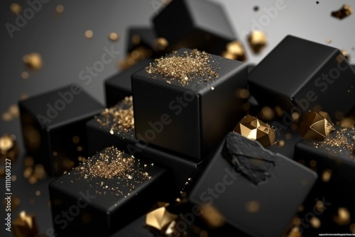 Stylish texture with black and gold cubes reflecting light and creating an abstract background