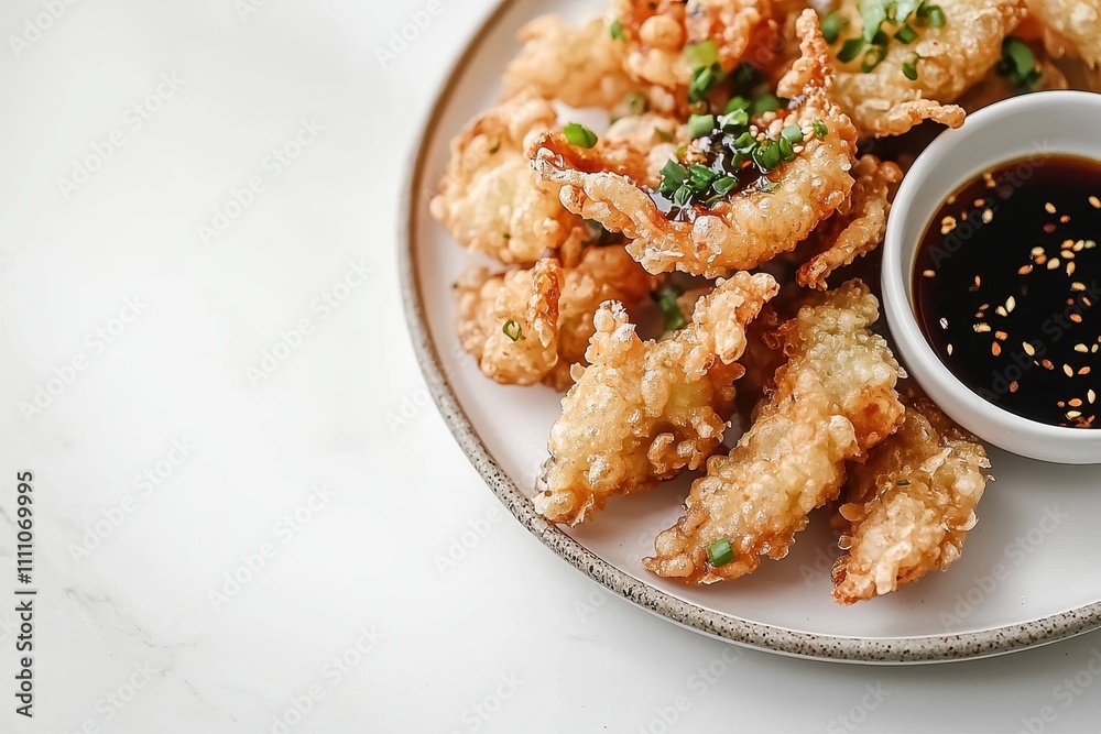 Crispy Fried Calamari Rings with Sesame Soy Dipping Sauce, Perfect for Appetizing Seafood Cuisine Crispy Fried Calamari Rings with Sesame Soy Dipping Sauce, Perfect for Appetizing Seafood Cuisine