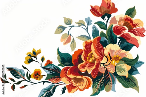 An illustration of vibrant flowers in red and yellow tones with greenery elements, designed in an artistic style