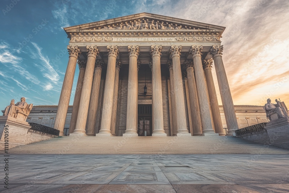 Obraz premium Majestic Neoclassical Courthouse with Grand Columns at Sunset, Showcasing Authority and Architectural Elegance