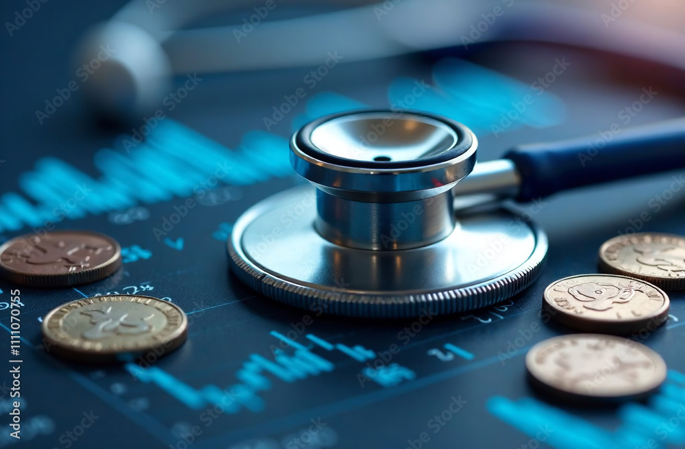 Φωτογραφία Close-up of a stethoscope and coins on a financial chart, symbolizing healthcare costs, economic analysis, and medical expenses