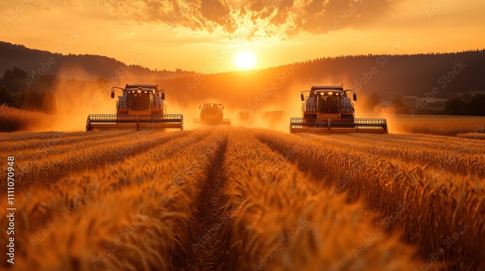 Fototapeta premium Golden Hour Harvest: Combines in a Wheat Field at Sunset