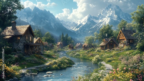 Charming village nestled in a picturesque valley, surrounded by majestic mountains. Stone and wood houses, lush greenery, and a flowing stream create a serene atmosphere.