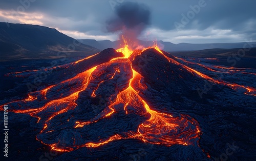 A stunning view of a volcanic eruption with flowing lava, showcasing vibrant orange against a dramatic cloudy sky. The scene captures the raw power of nature.