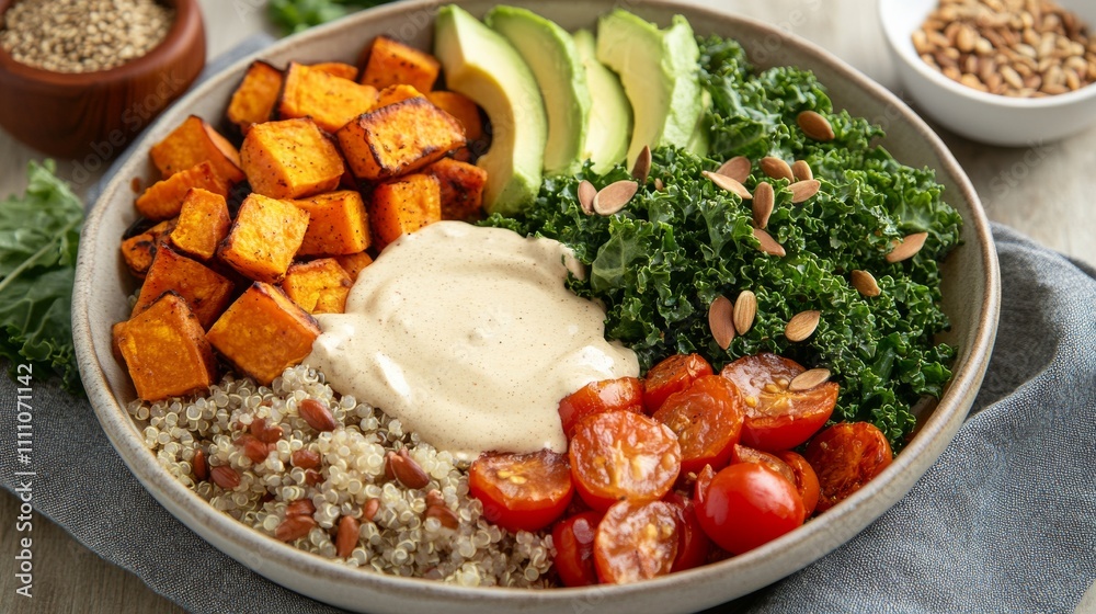 Photo of, A vibrant bowl of vegan Buddha bowl with quinoa, roasted sweet potatoes Photo of, A vibrant bowl of vegan Buddha bowl with quinoa, roasted sweet potatoes
