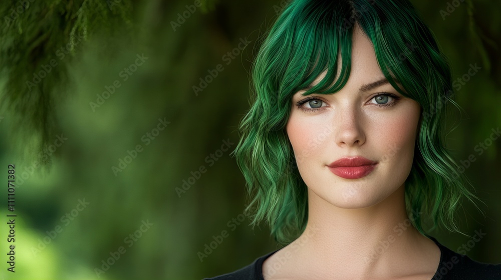 Young woman with striking green hair poses serenely outdoors, exuding confidence and style. Young woman with striking green hair poses serenely outdoors, exuding confidence and style.