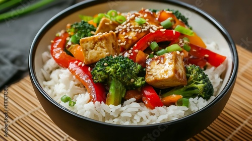 Photo of, A vibrant bowl of vegetable stir-fry with tofu, bell peppers