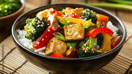 Photo of, A vibrant bowl of vegetable stir-fry with tofu, bell peppers