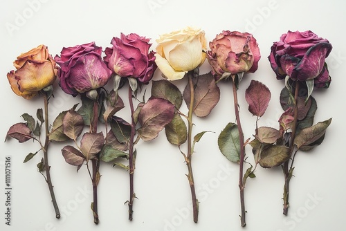 Dried Rose Arrangement: A row of dried roses in varying colors, showcasing their delicate beauty even in their withered state.