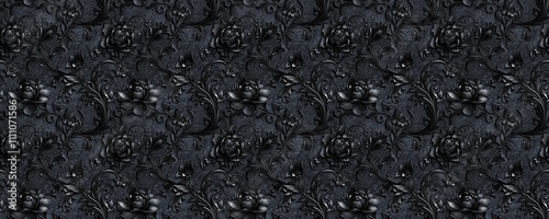 seamless pattern of Dark gray black metal floral baroque  dark romantic gothic design 