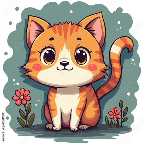 vector illustration of a cute yellow kitten on a background with flowers