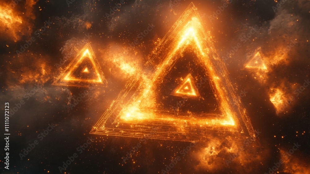 A Glowing Triangle in a Starry Sky with Flames A Glowing Triangle in a Starry Sky with Flames