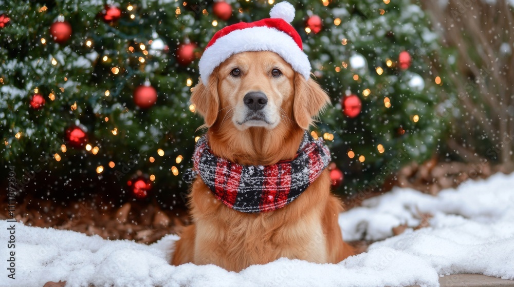 Golden Retriever in Santa Hat and Scarf Posing in Snow Golden Retriever in Santa Hat and Scarf Posing in Snow