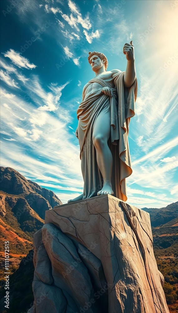 A colossal, gleaming marble statue of a majestic Greek god towers majestically from the heavens, surrounded by bright sunlight and clouds, creating a sense of divine power and grandeur. A colossal, gleaming marble statue of a majestic Greek god towers majestically from the heavens, surrounded by bright sunlight and clouds, creating a sense of divine power and grandeur.