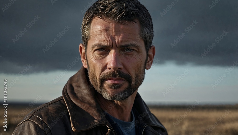Intense mature man wearing leather jacket under dramatic cloudy outdoor landscape sky Intense mature man wearing leather jacket under dramatic cloudy outdoor landscape sky