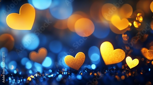 Abstract Light Bokeh Background With Blue and Golden Hearts Creating Romantic and Elegant Atmosphere