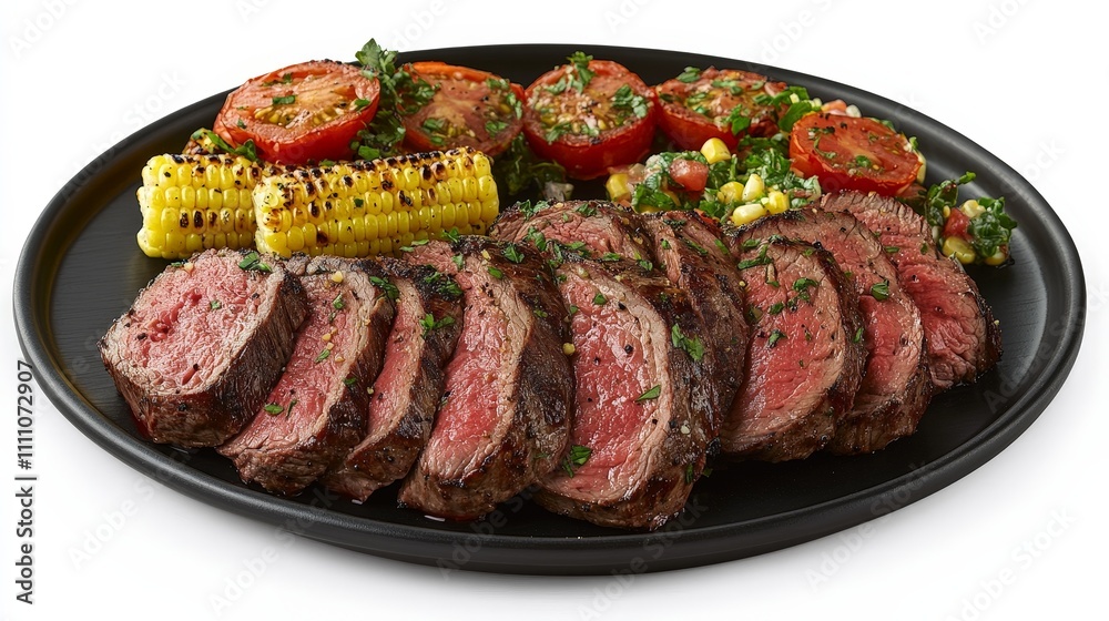 A platter of sliced grilled steak with corn, tomatoes, and mixed vegetables. A platter of sliced grilled steak with corn, tomatoes, and mixed vegetables.