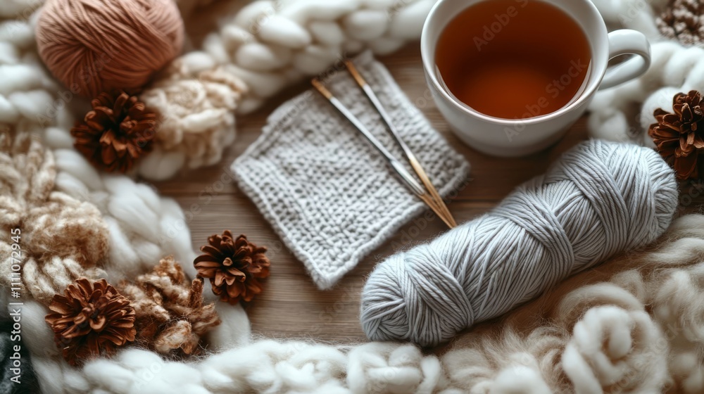 Fototapeta premium Cozy knitting setup with yarn.