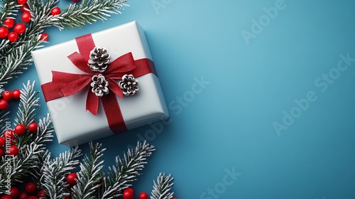 Merry Christmas Gift Box with Red Ribbon and Pine Decorations on Blue Background Creating a Festive Holiday Theme
