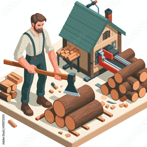 Isometric lumberjack male character holding an axe and wood log. Woodcutter saws tree with chainsaw on sawmill. Firewood processing on a white background