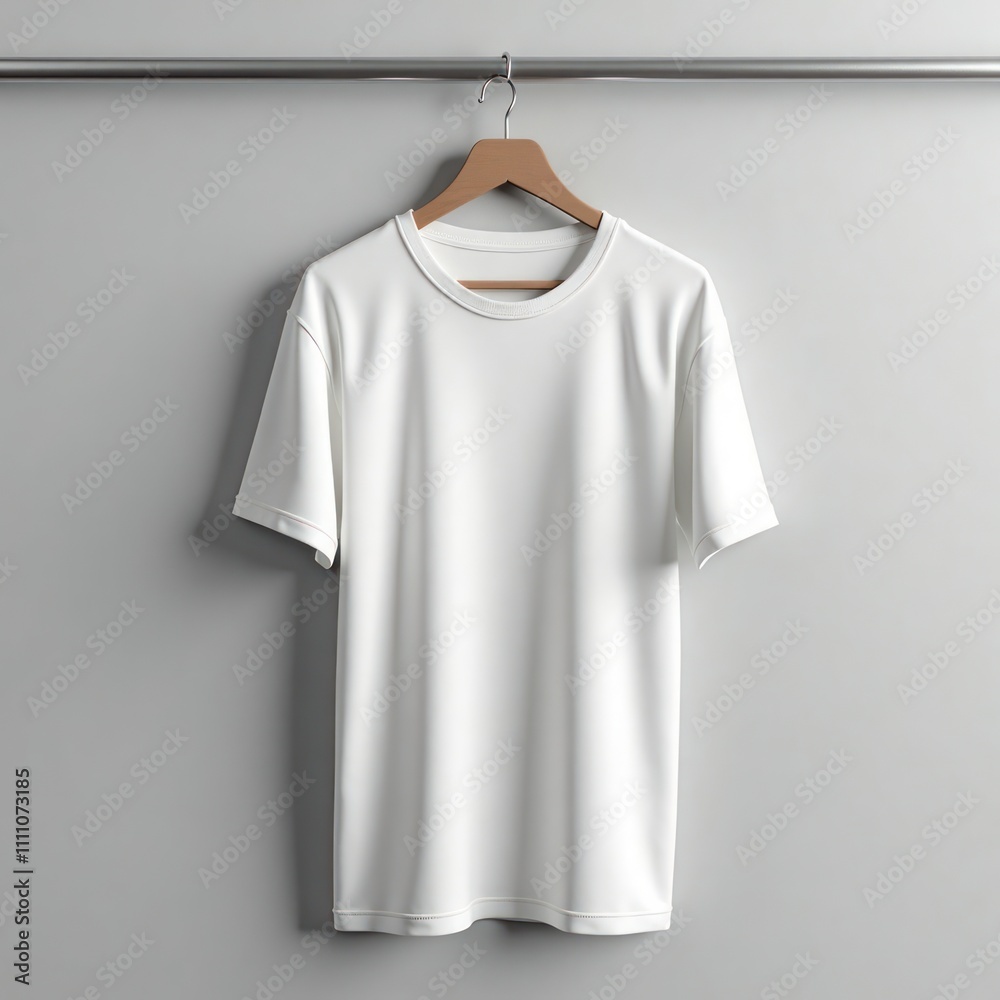 Blank white t-shirt hangs on wooden hanger against gray background. Stylish mockup for design purposes. Product photo for online shop. Minimalist fashion apparel template. Great for branding Blank white t-shirt hangs on wooden hanger against gray background. Stylish mockup for design purposes. Product photo for online shop. Minimalist fashion apparel template. Great for branding