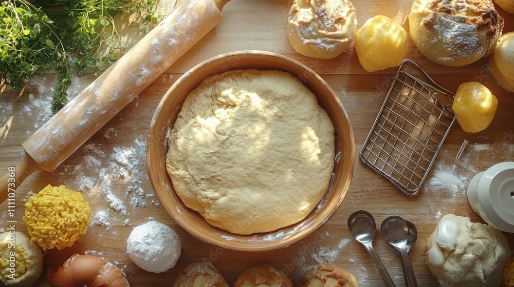 Fototapeta premium Baking ingredients and dough setup.