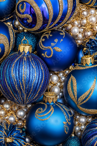 Christmas blue, gold and silver ornaments baubles closeup background, vertical photo