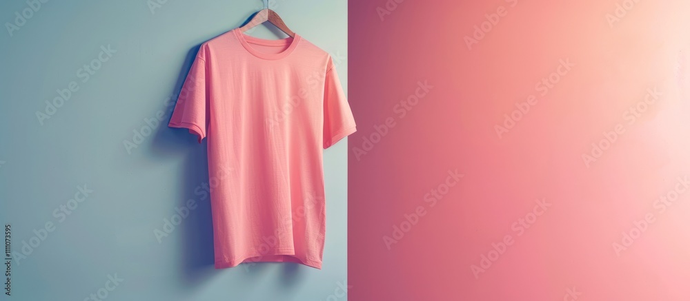 Pink T-shirt hanging on a hanger against a blue and pink wall. Pink T-shirt hanging on a hanger against a blue and pink wall.