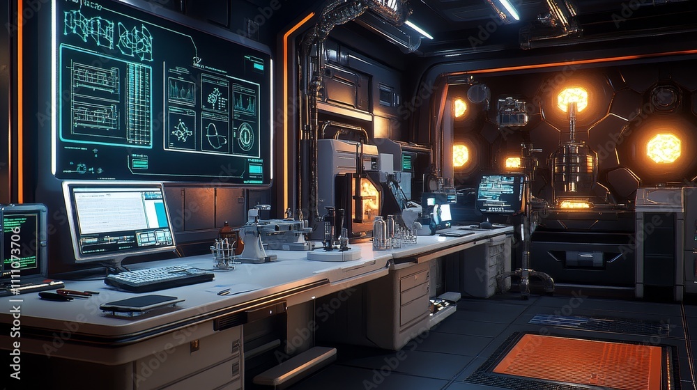 A futuristic laboratory with advanced technology and workstations for scientific research. A futuristic laboratory with advanced technology and workstations for scientific research.