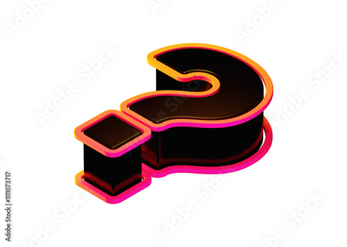 Tumbled 3D interrogation sign in black with orange-pink fluorescent outline. Isometric display font. High quality 3D rendering. photo