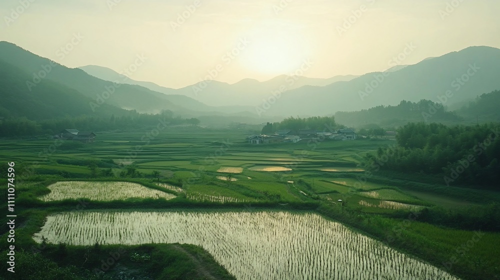 Obraz premium Panoramic view of a tranquil Asian valley at sunrise, with lush green rice paddies, small village nestled in the valley, and misty mountains in the background.