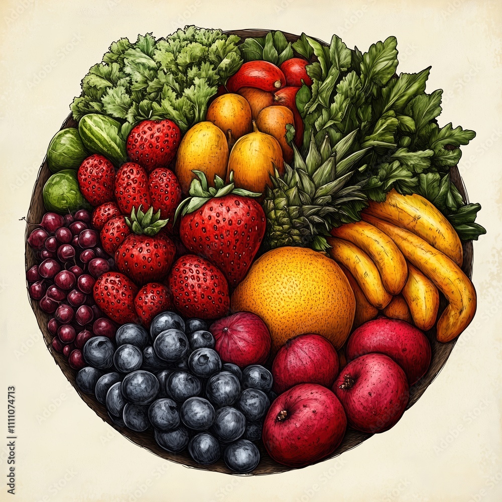 Various vegetables and fruits enclosed in a circle in a hand-drawn style on a white background Various vegetables and fruits enclosed in a circle in a hand-drawn style on a white background