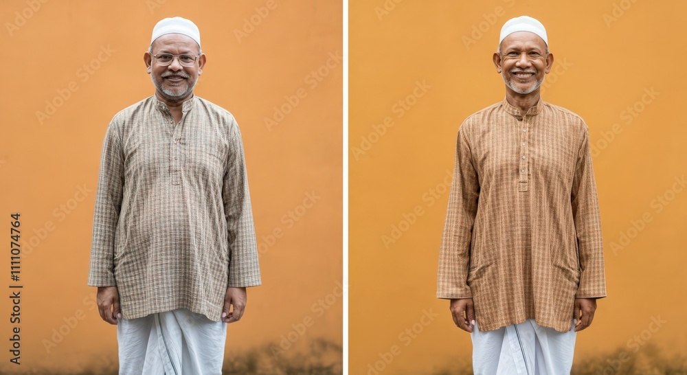 Naklejka premium Traditional attire and cultural diversity featuring two smiling seniors in casual ethnic outfits