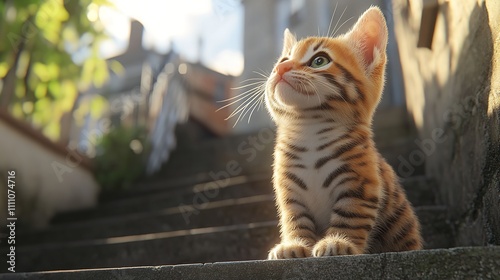 Portrait d'un adorable chaton tigré qui regarde dans l'escalier