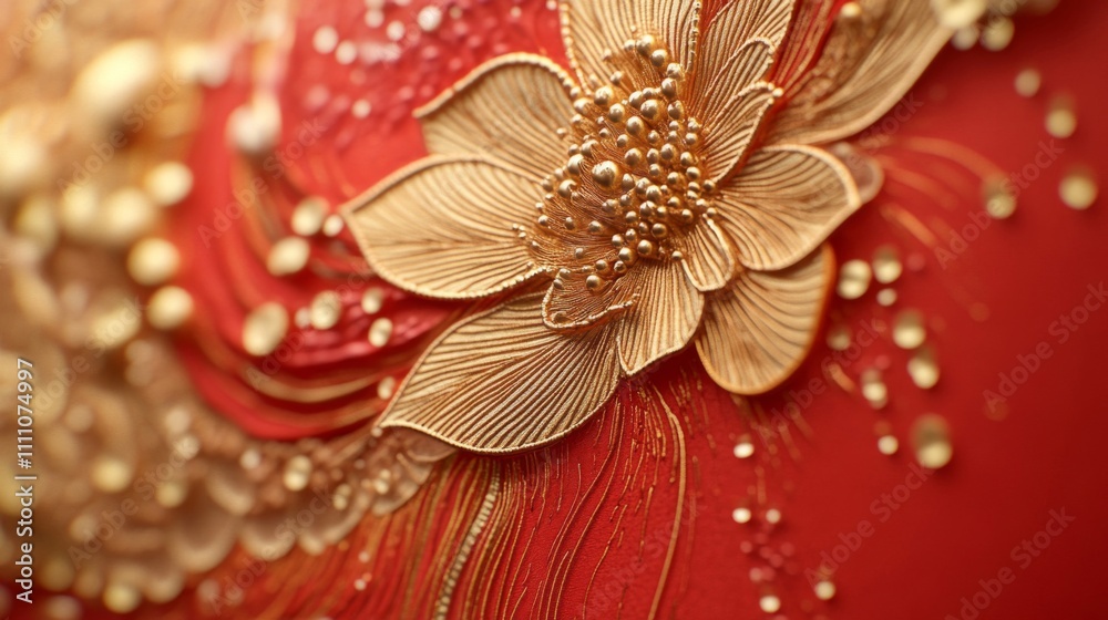 Close-up of a Golden Floral Design on a Red Surface Close-up of a Golden Floral Design on a Red Surface