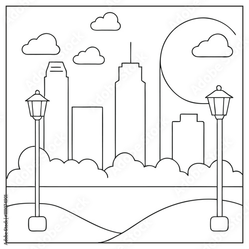 Modern urban line art building design with clean lines on white background

