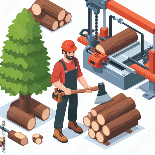 Isometric lumberjack male character holding an axe and wood log. Woodcutter saws tree with chainsaw on sawmill. Firewood processing on a white background