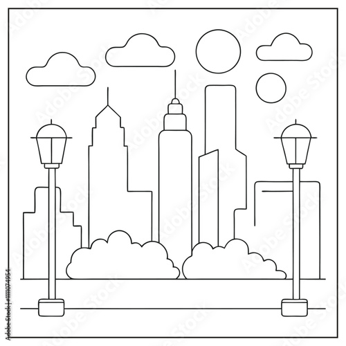 Modern urban line art building design with clean lines on white background
