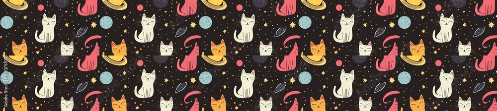 seamless pattern of Cute cats in space pastel, dark whimsical, joyful cosmic, playful children's illustration seamless pattern of Cute cats in space pastel, dark whimsical, joyful cosmic, playful children's illustration