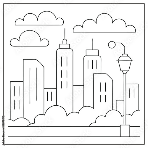 Modern urban line art building design with clean lines on white background

