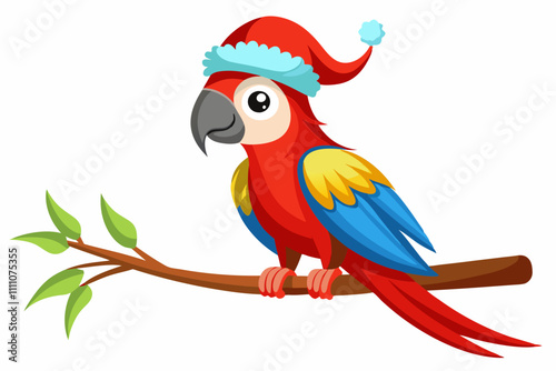 red macaw perched parrot with a Santa hat. a tree branch on a white background.