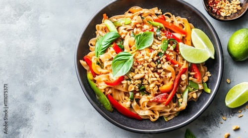Photo of, A vibrant plate of vegetable pad kee mao stir-fry with flat rice noodles, bell peppers