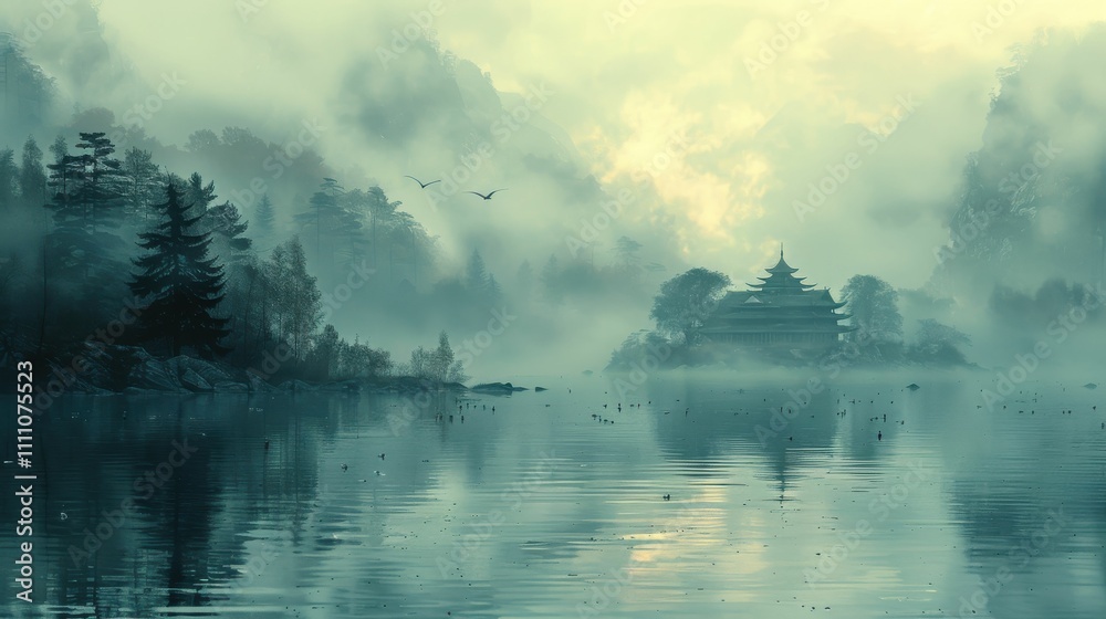 A misty forest with a lake and a small building in the distance A misty forest with a lake and a small building in the distance