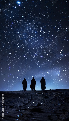 Starry night in palestine  the three wise men journeying towards the birth of jesus photo