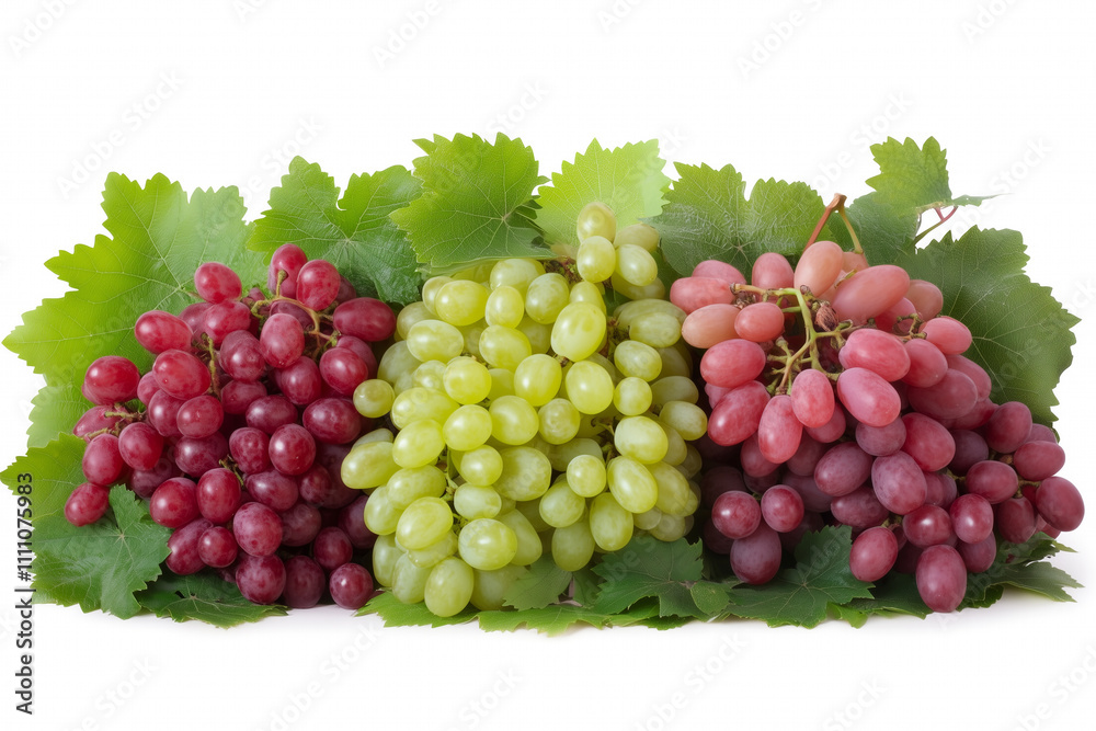 A Colorful Display of Different Grape Varieties Isolated on a White Background with Fresh Green Leaves for Stock Photography Use A Colorful Display of Different Grape Varieties Isolated on a White Background with Fresh Green Leaves for Stock Photography Use