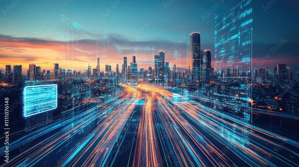 Fototapeta premium A sprawling urban skyline at twilight with glowing highways and holographic billboards, showcasing a high-tech future.