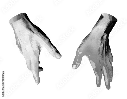 Holding, keeping, caring and touching with both two palms, hand sign isolated on white background. Halftone dotted retro style vector